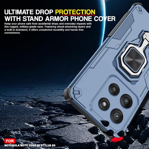 Image of AESTMO Armor Back Cover for Motorola Moto Edge 60 Stylus 5G | Ring Holder & Kickstand & Camera Protection in-Built | 360 Degree Protection Back Case Cover (Blue)