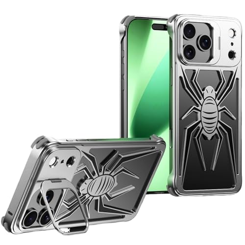iPhone 17 Pro 用 ケース スパイダーデザイン メタルフレームレスケース 隠しスタンド一体型 レンズガード付き スリム軽量 四隅エアクッション 衝撃吸収コーナー 通気性構造で放熱, シルバーブラック