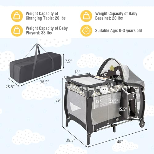 Image of BABY JOY 4 in 1 Pack and Play, Portable Baby Playard with Bassinet, Adjustable Canopy, Changing Table, Lockable Wheels, Glowing Music Box, Travel Baby Crib Bassinet Bed from Newborn to Toddler Grey