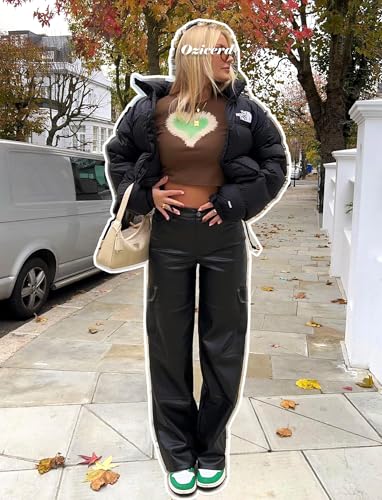Black Faux Leather Pants for Women High Waisted Flare Cargo Pants Y2k Straight Wide Leg Pleather Pants with Pockets2