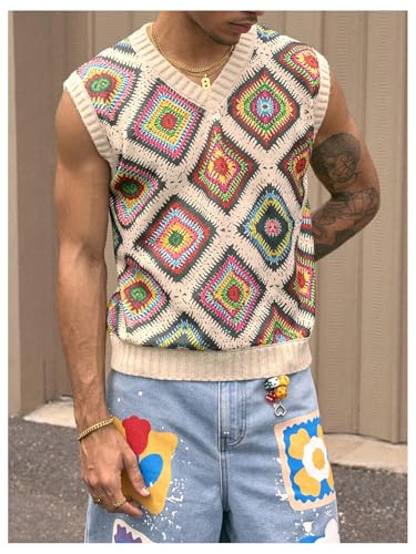 Verdusa Men's Hip Hop Patchwork Sweater Vest Boho Summer Sleeveless Knit Tops3