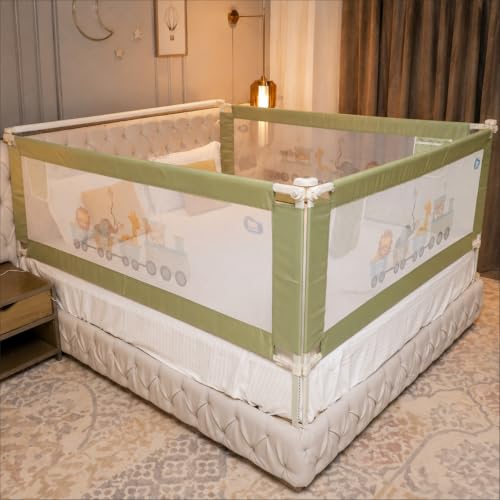 Image of Kids Station 3 Side with Pocket Bed Rail Guard (6ftx5ftx6ft / 180cmx150cmx180cm), Bed Railing for Baby Safety, Kids Toddler Bed Protector Side Walls, Adjustable Height, Portable & Foldable (Green)