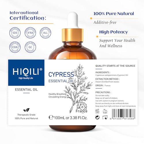 Image of HIQILI 100ML Cypress Essential Oil, 100% Natural for Diffuser, Skin Care, Includes 10ML Travel Bottle - 3.38 Fl Oz