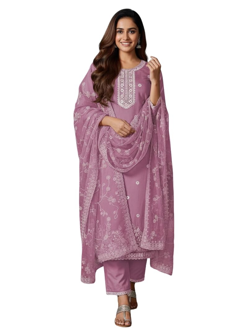 Women's Embroidered Work Chanderi Kurta & Pant With Dupatta || Straight Kurta Outfits || Ethnic Set (1655_Kurta Set)