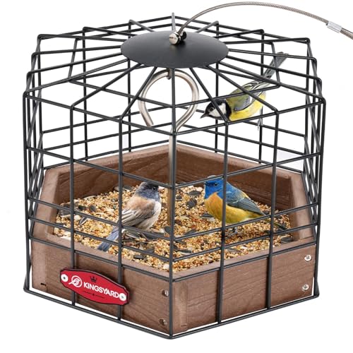 Kingsyard Squirrel Proof Platform Bird Feeders for Outdoor Hanging, 10' Wide Metal Caged Bird Feeder for Small Wildbirds Finches, Recycled Plastic Feeding Platform with Metal Seed Tray, Brown