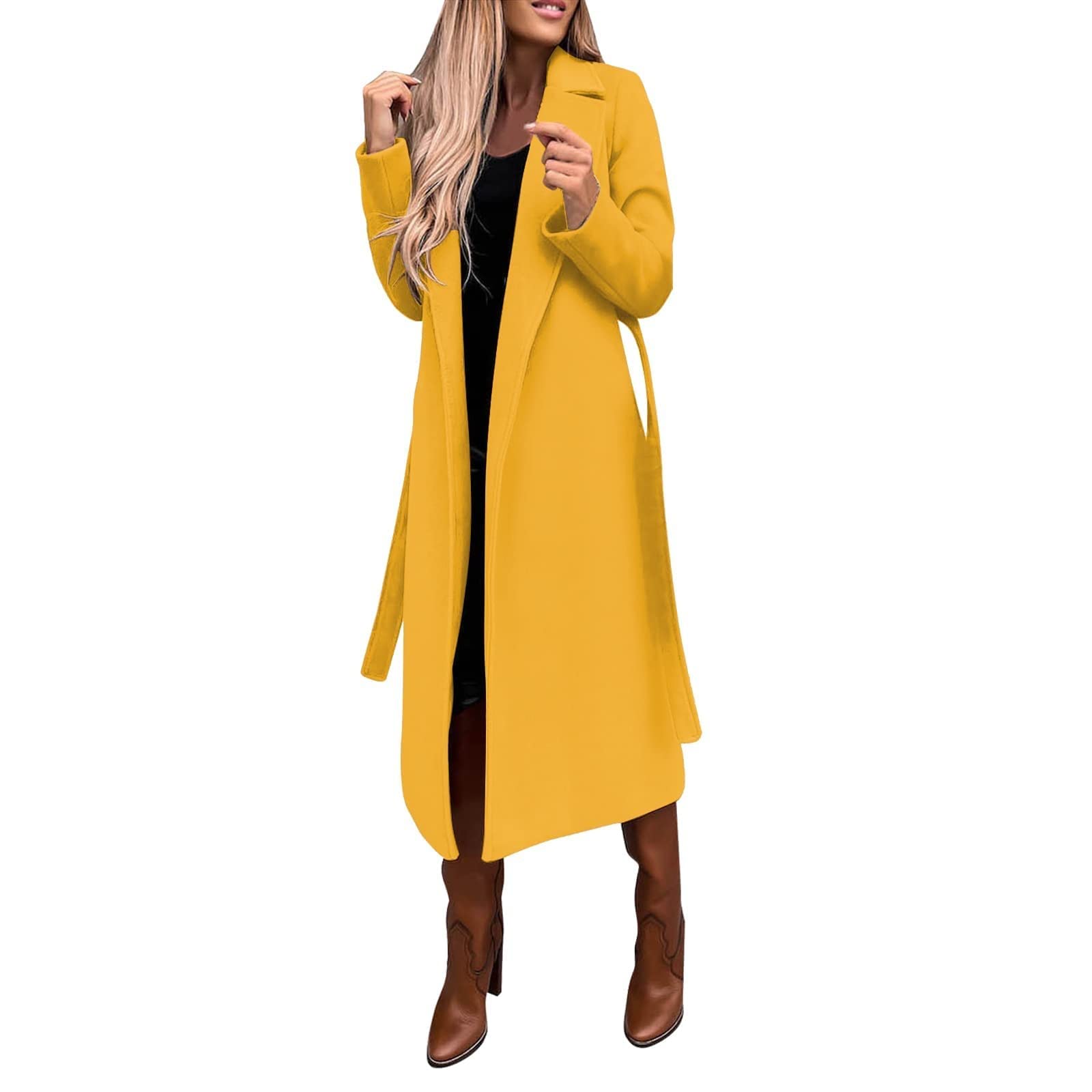 FUPODD Wintermantel Damen Lang Elegant Wollmantel Winter Damen-Mäntel Mit Gürtel Winterjacke Warm Trenchcoat Revers Damenmantel Übergang Lange Mantel Frauen Casual Jacke Outwear Einfarbig Wintercoat