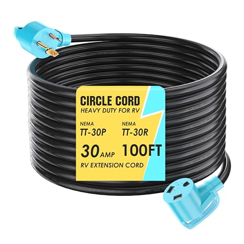CircleCord 30 Amp 100 Feet RV Extension Cord Heavy Duty 10 Gauge 3 Wire STW Pure Copper Wire with Grip Handle TT-30P Male to TT-30R Female with Cord Organizer for RV Trailer Campers