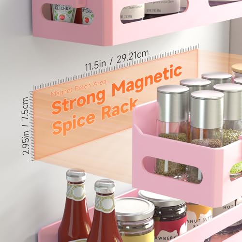 Image of Sevenblue 4-Pack Magnetic Spice Rack for Refrigerator with Hooks, Pink | Strong multipurpose magnetic shelf for kitchen & bathroom organization. Includes 4 removable hooks for hanging items.