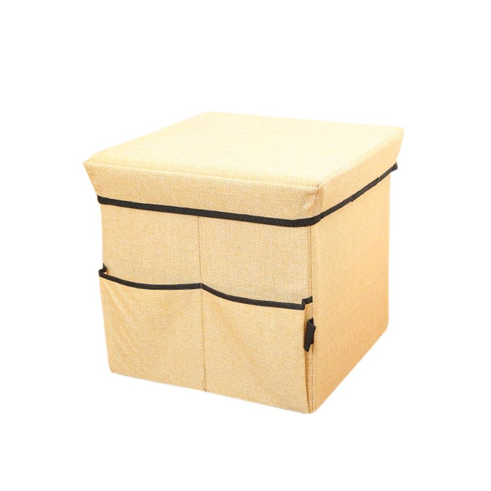 15" Plaid Linen Storage Stool Folding Toy Box with Toy Storage Pocket Portable Dressing Seat Stool with Cover