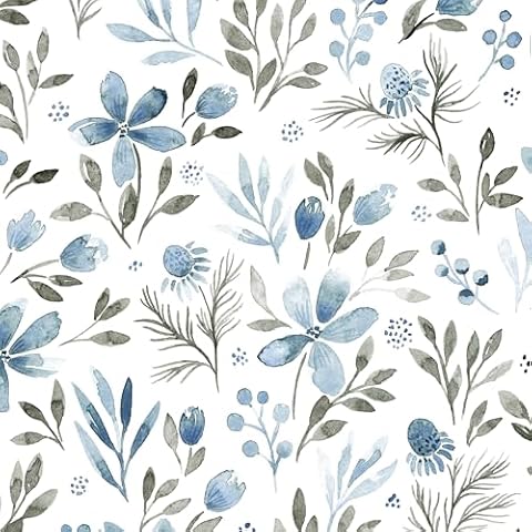 KUKANTST Vintage Peel and Stick Wallpaper Boho Floral Contact Paper Blue and Grey Wallpaper for Cabinets Thickened and Waterproof Self Adhesive Removable Wallpaper for Bedroom Vinyl 17.3”×197” Cover