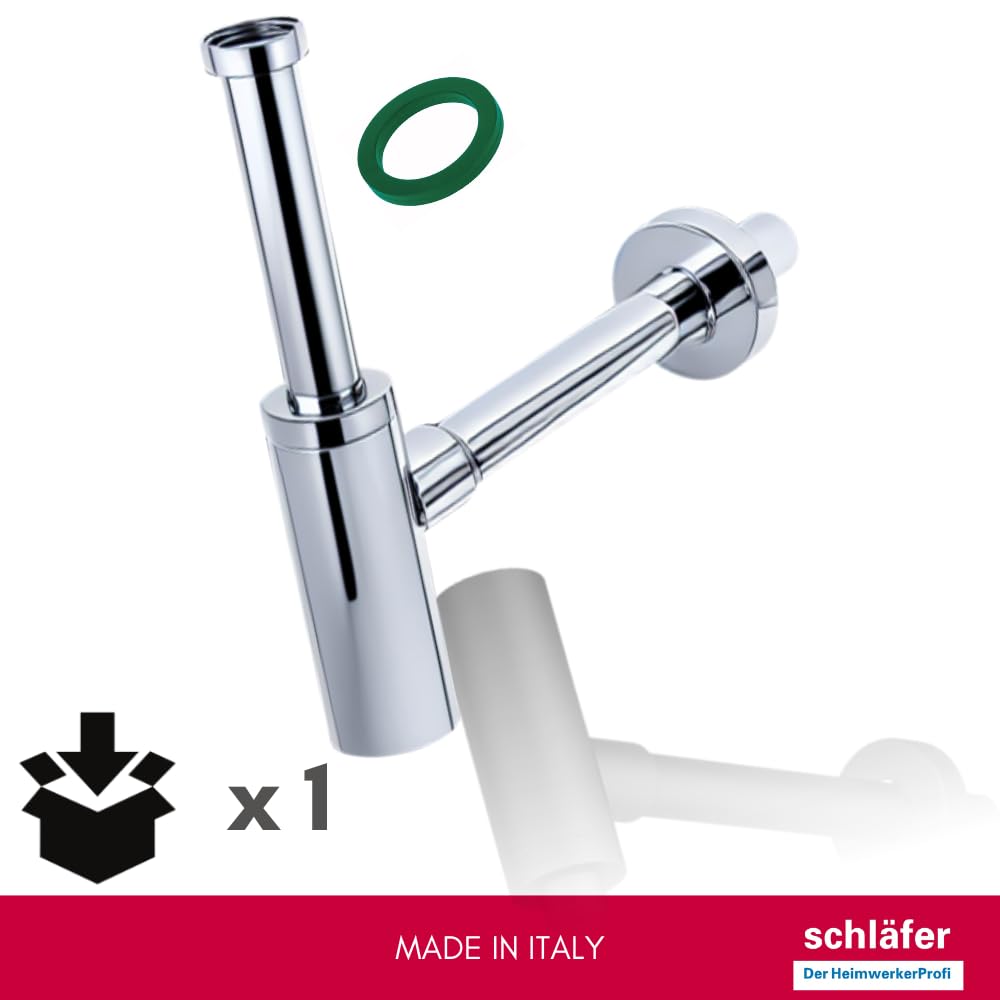 Schläfer 3439410 | Sifón de ABS 1 1/4 minimalista, sifón para lavabo y bidé, desagüe lavabo universal, sifón de plástico antiolor cromado, tubo desagüe pared Ø 32 mm.