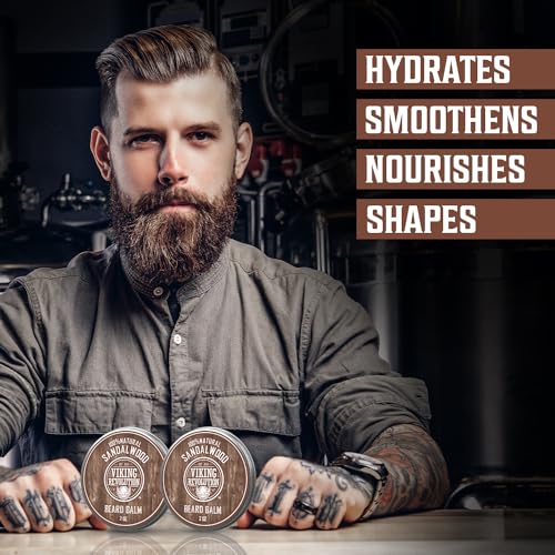 Image of Viking Revolution Beard Balm - Sandalwood - 2 oz, 2 Pack | Deeply Softens Coarse Hair - Packed with Rich Argan Oil - Locks in Moisture & Eliminates Flakes for a Cleaner Beard