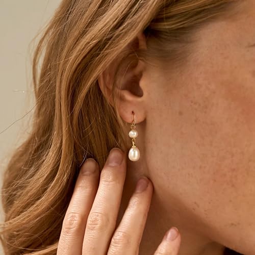 Pearl Earrings for Women 14K Gold Plated/925 Sterling Silver Double Pearl Dangle Drop Earrings for Bridal Wedding Prom Jewelry Gifts2