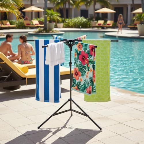 CozyNova Pool Towel Rack Outdoor Adjustable 51-71 Inch Freestanding Pool Float Storage Rack with 6 Foldable Arms for Towels & Swim Gear