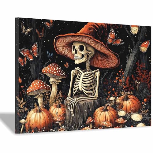 TERUEA Halloween Château Toile Fond Un squelette coiffé d’un chapeau champignon se tient parmi les champignons, décoration fête fantaisie,...
