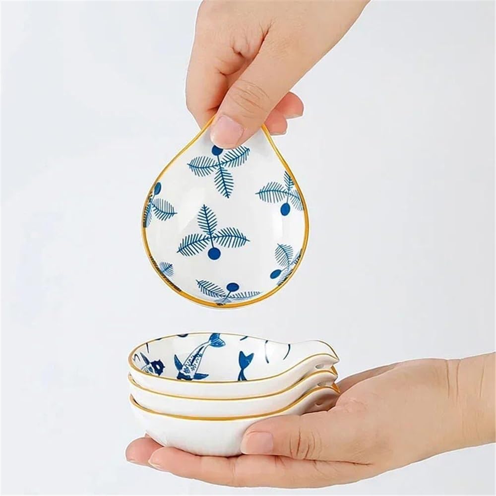 pojemnik na przekąski 4 ceramiczne talerzyki na sos, niebiesko-biała porcelana, przyprawa do sosu sojowego, ceramika, sos do sushi(Brown Stroke)