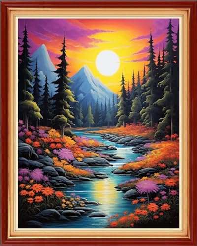 Image of Dimxvean Cross Stitch Kit, Sunrise Scenery 16x20 inch, Embroidery Kit for Adults Beginners, HD Preprint, Extra Lines