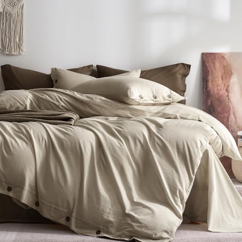 Image of JELLYMONI Washed Cotton Duvet Cover Queen, 3-Piece Oatmeal Bedding Set | 100% Washed Cotton, Linen-Look Texture, Oeko-Tex Certified, 8 Corner Ties & Button, Multi-Scene Use
