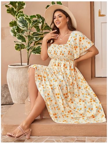 Image of Floerns Women's Plus Size Floral Square Neck Flounce Short Sleeve A Line Maxi Dress