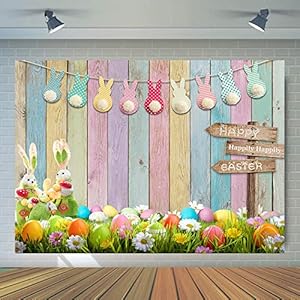 WOLADA 7x5FT Spring Easter Backdrop Happy Easter Colorful Wood Photography Backdrops Easter Theme Photography Backdrop Bunny Rabbit Colorful Eggs Grass Floral Baby Kids Party Decor 12394