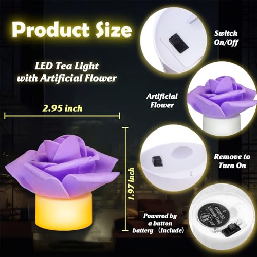 Image of SupBri 12 Pack LED Tea Lights Candles with Artificial Rose Petals, Romantic Flameless Battery Operated Candles for Valentines Wedding Proposals Christmas Decor (Purple)