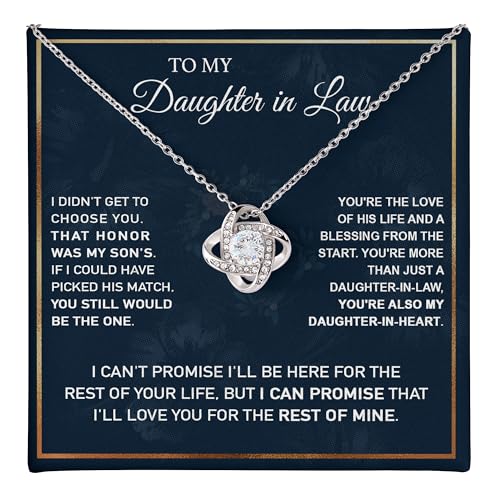 To My Daughter-in-Law Necklace Gift from Mom or Dad – Heartfelt Message Card Jewelry for Daughter-in-Heart – Love Knot Pendant, Meaningful Christmas, Birthday, or Wedding Gift for Her (Love Knot, White-Standard Box)