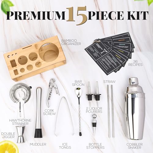 Image of Mixology Bartender Kit with Stand - 15 Piece Bar Tool Set, Silver Bar Set Cocktail Shaker Set for Drink Mixing - Includes Martini Shaker, Jigger, Strainer, Bar Mixer Spoon, Tongs | Gift Idea (Natural)