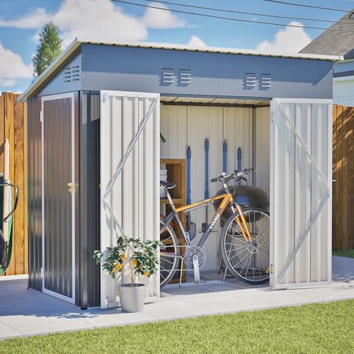 Image of YOPTO 4x8 FT Outdoor Storage Shed with Floor Frame,Metal Shed W /Left /Right Optional Lockable Door,Heavy-Duty Garden Tool Storage House W / 4 Air Vents & Sloping Roof,for Backyard,Patio,Lawn,Gray