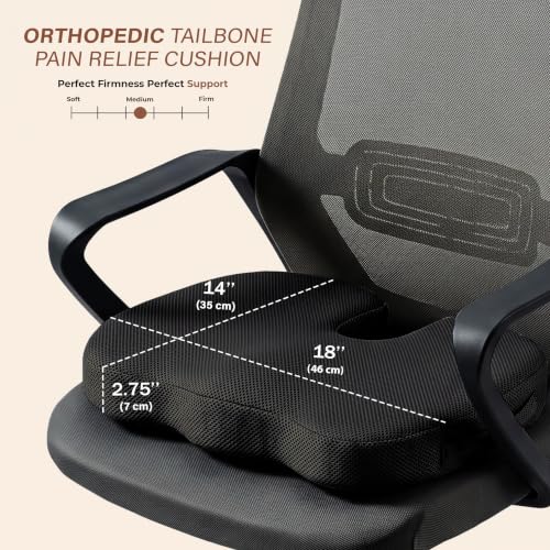 Image of Orthopaedic Memory Foam Coccyx Seat Cushion - (2 Year Warranty)-(18 inchx14 inchx3 inch) Tailbone & Sciatica Relief, Extra Support for Long Sitting,Non-Slip for Office /Home Chairs,Upto 100 kg - Mesh Black