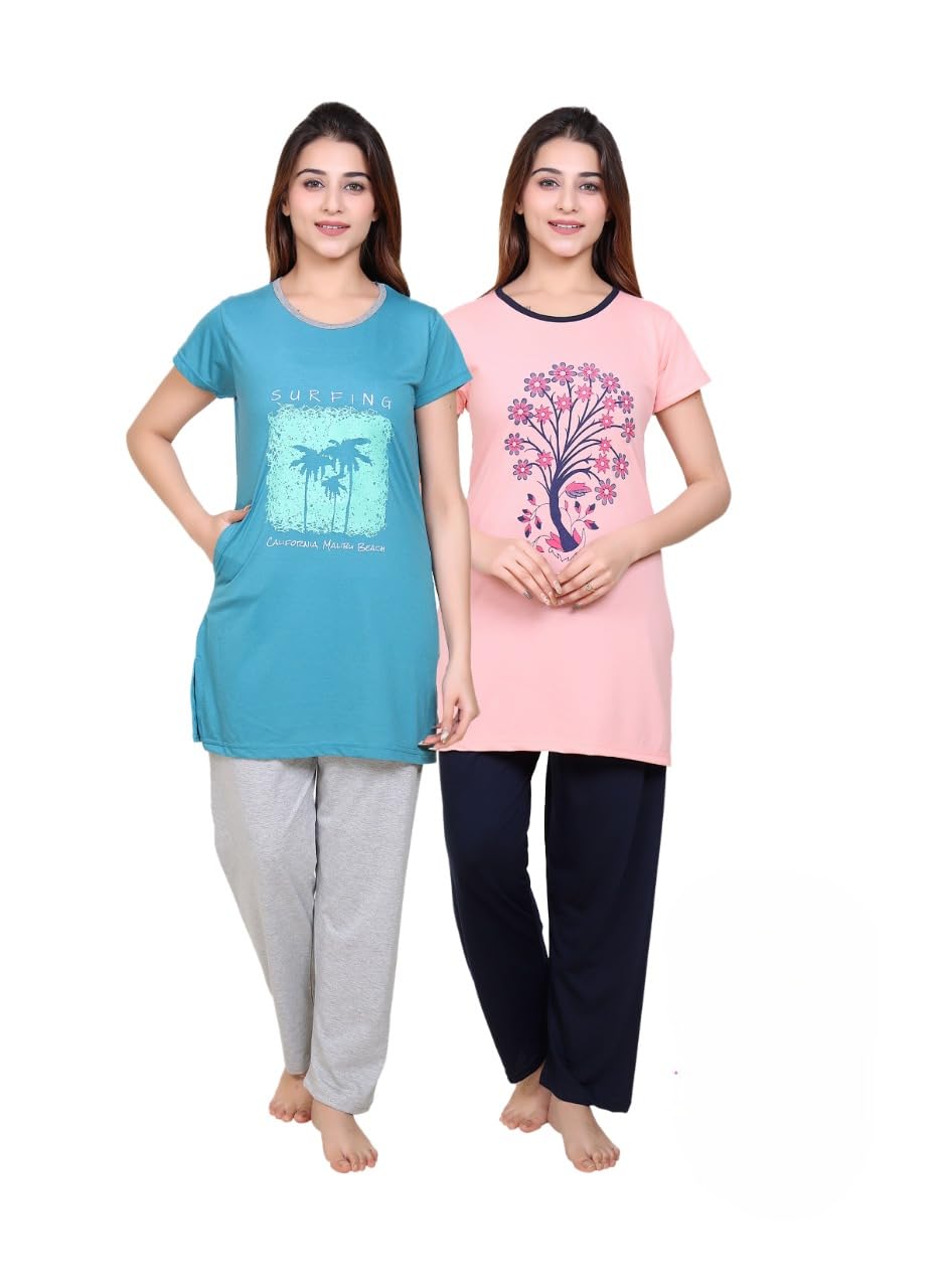 Dg Divine Polyster/Spun Printed Summer Wear Night Suit Set for Women's 9 (PackOf 2)