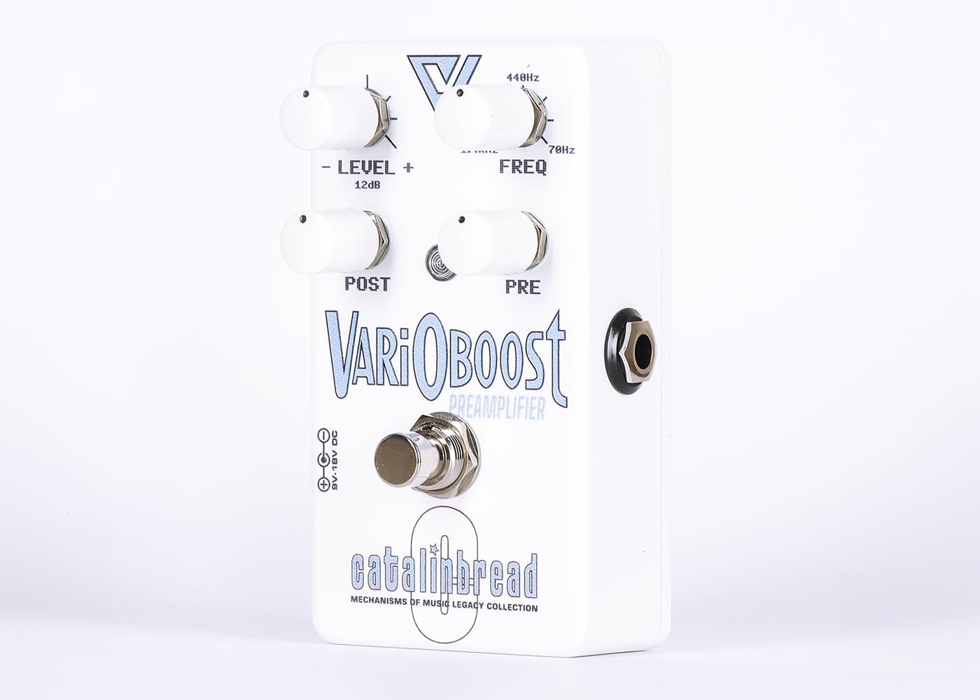 Side view of the Catalinbread Varioboost pedal showing the 9V DC power input and input/output jacks.