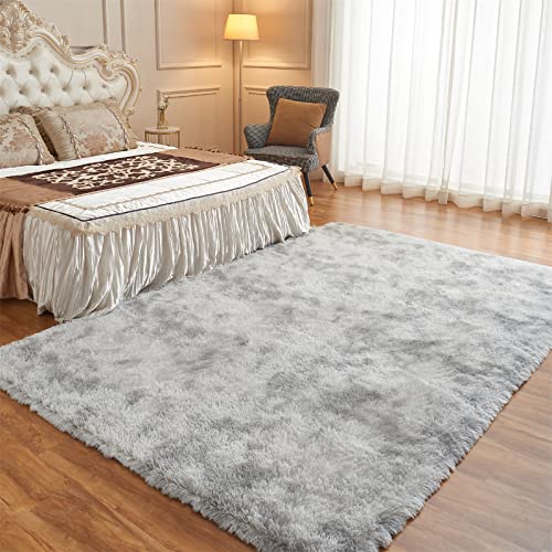 Arbosofe Fluffy Soft Area Rugs For Bedroom Living Room, Tie Dyed Light Grey Shaggy Rugs 8 X 10 Feet, Carpet For Kids Room, Throw Rug For Nursery Room, Fuzzy Plush Rug For Dorm, Cute Room Decor #TOP1