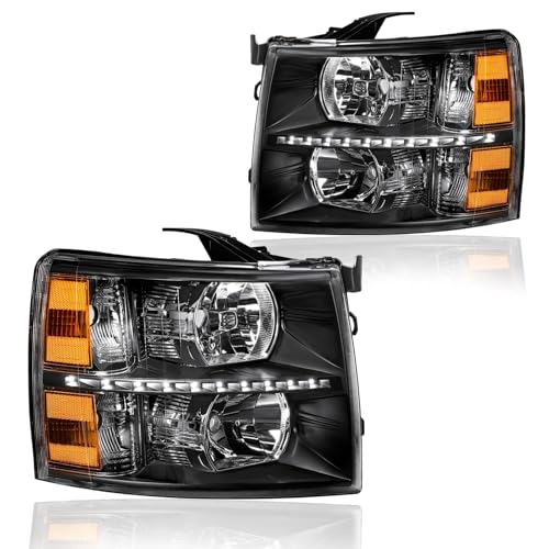 DimFlux LED DRL Headlights Assembly for 2007 2008 2009 2010 2011 2012 2013 Chevy Silverado 1500/2007-2014 Silverado 2500 3500 or HD Headlamp Black Housing Amber Reflector