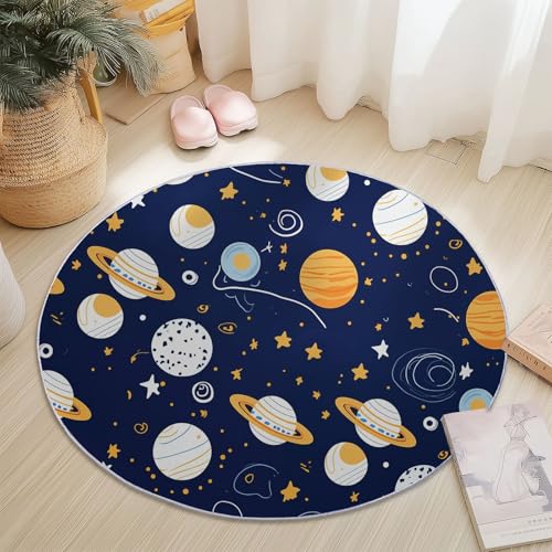 Alfombras Redondas Antideslizante 90 cm, Franela Suave Pelo Corto Alfombra Redonda Lindo Dibujos Animados Planetas Galaxias Imprimir para Dormitorio Sala de Estar Decoración del Hogar, Azul Marino