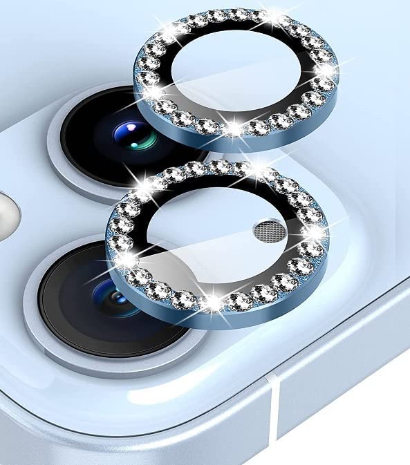 Image of Diamond Camera Lens Protector for iPhone 14 /14 Plus | Metal Ring Lens Guard | Scratch Resistant | HD Clear | Easy Install | Shock & Dust Protection Blue Diamond