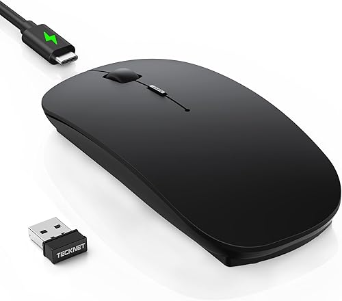 TECKNET Ratón inalámbrico Bluetooth para laptop, mouse silencioso recargable (Bluetooth 5.2/3.0 y 2.4G), ultrafino, 6 niveles ajustables 4800 DPI