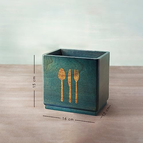 Image of Ellementry Blue Wood Utensil Holder| Spoon, Knife, Fork, Chopstick, Cutlery Holder /Organizer Stand for Kitchen & Dining Table| Multifunctional Spoon Stand | Handcrafted Table Organizer