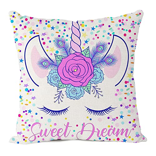 Gearsly Crema Unicornio Funda de Cojín de Lino de Algodón Funda de Almohada Cuadrada...