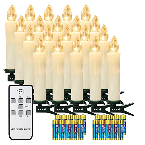 yunsheng 20er Weihnachtsbaumkerzen mit Fernbedienung und Timer, Warmweiß Christbaumkerzen Kabellos, Batteriebetriebene Flammenlose Flackern Weihnachtsbaum Lichterkette, IP64, (Enthält 20 AA-Batterien)