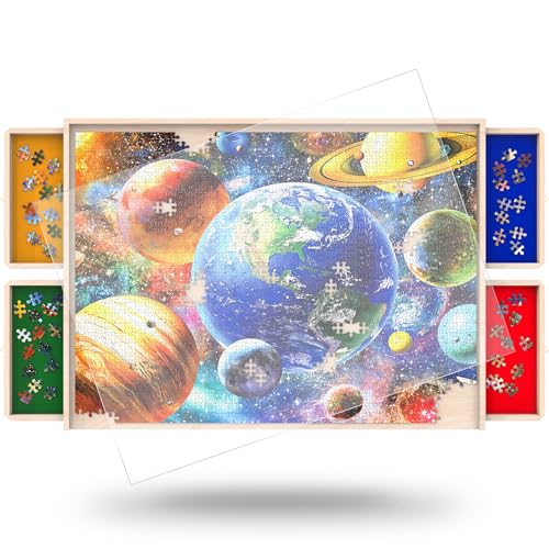 Puzzle Board with Drawers Rotatable 360-Degree Wheels and Cover 34' x 26' 1500 Piece Wooden Jigsaw Puzzle Table Storage Organizer Portable Lightweight Design