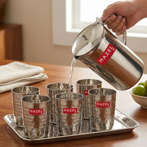 Image of HAZEL Stainless Steel Drinkware Combo of 8 | Water Jug with Lid 1800ml, 6pc Hammered Glasses 350ml & Serving Tray | Glossy Finish Tableware Set for Home & Office Use