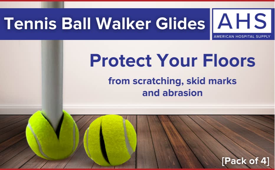 Image of AHS American Hospital Supply Tennis Balls for Walker Legs | Tennis Balls for Walkers for Seniors | Easy Installation Walker Gliders | Pack of 4 Precut Tennis Balls, Yellow