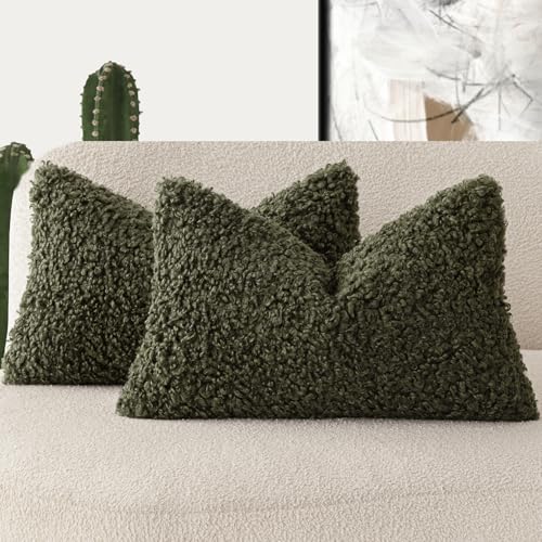 Image of Foindtower Set of 2 Curly Teddy Wool Pillow Covers Decorative Boucle Textured Lumbar Throw Pillow Faux Fur Sherpa Pillowcases Sheepskin Fuzzy Cushion Case for Sofa Bedroom Car 12 inchx20 inch Olive Green