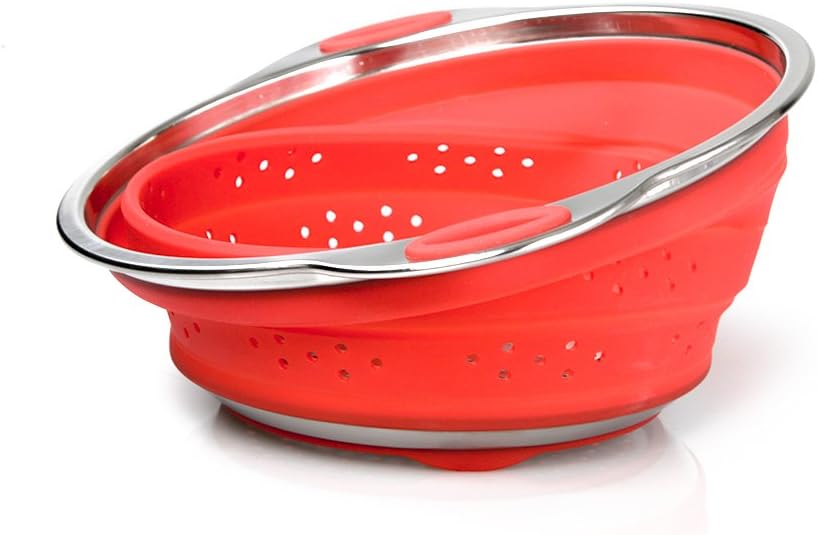 Collapsible Colander Pasta Strainer with Stainless Steel Base (Extra Large 9.5" Diamater)- 100% Food Grade Silicone and BPA Free