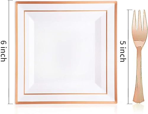 Miniatura 2 de WDF 86 platos de postre de oro rosa de 6 pulgadas con 86 tenedores desechables de 5 pulgadas, elegantes platos cuadrados de plástico, platos de