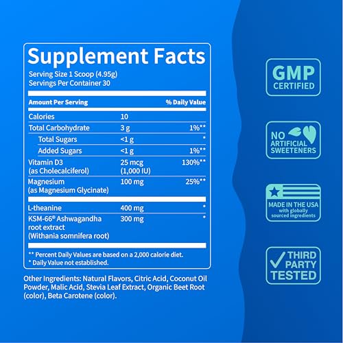 Image of Nello Supercalm Powdered Drink Mix Tub, Cortisol Reducer* and Sleep Aid Supplement, L Theanine, Ksm-66 Ashwagandha, Magnesium Glycinate, Vitamin D 3, No Sugar, Non GMO, 30 Ct, Orange Creamsicle