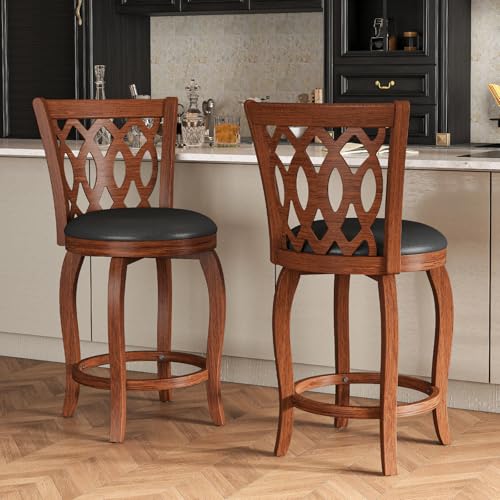 Image of 24 inch Counter Height Swivel Bar Stools Set of 2 for Kitchen Island, Farmhouse Barstool Chair with Back and Footrest, Upholstered Wood Barstools, Brown