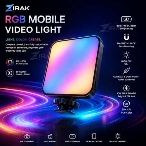 Image of RGB Video Light with Mobile Clip Mount, Rechargeable LED Camera Fill Light for Photography, Vlogging, YouTube, Live Streaming & Makeup, Adjustable Brightness Pocket Light