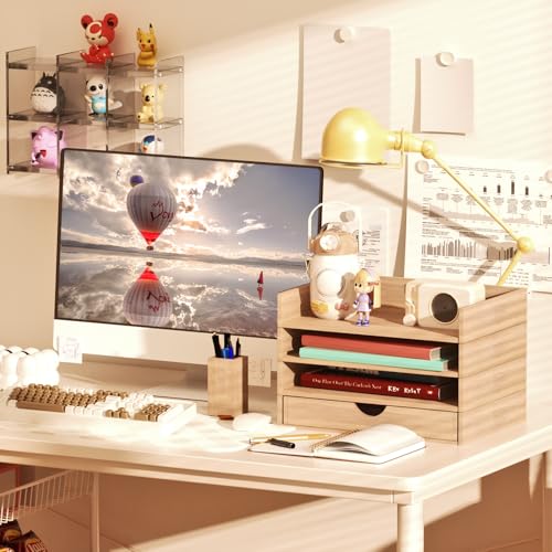 HeyiQiL Paper letter tray, Stackable 4-Tier Wood Desk File Document Organizer with Drawer and Pen Holder For Home Office Classroom