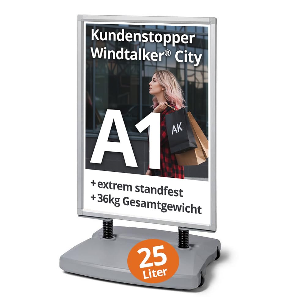 Kundenstopper A1 | Wassertank 25 Liter | schwer + standfest mit 36kg Gewicht | Plakatständer A1 beidseitig | mobil mit Rollen | Kundenstopper OUTDOOR windfest wetterfest